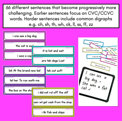 SENTENCE EDITING TASK CARDS - Decodable CVC, CVCC CCVC & Consonant Digraph Sentences