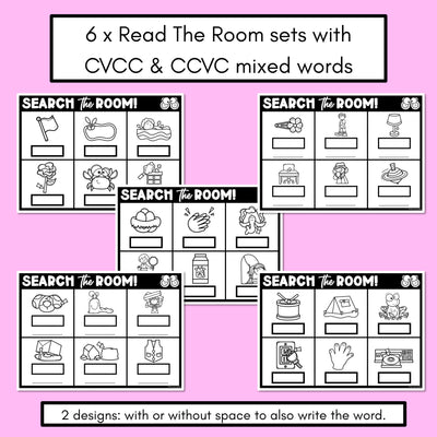 READ THE ROOM - Decodable Words Phonics Activity - CVCC CCVC Mixed Words