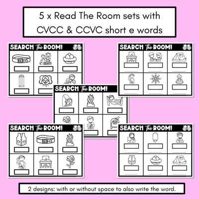 READ THE ROOM - Decodable Words Phonics Activity - CVCC CCVC Short E Words