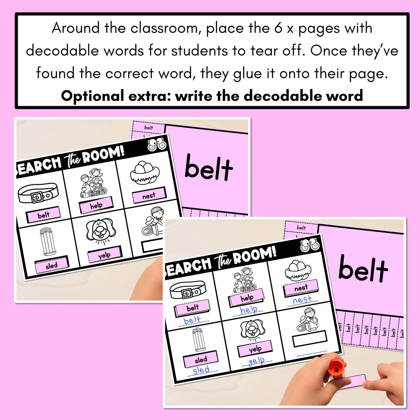 READ THE ROOM - Decodable Words Phonics Activity - CVCC CCVC Short E Words