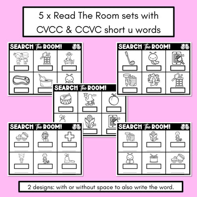 READ THE ROOM - Decodable Words Phonics Activity - CVCC CCVC Short U Words