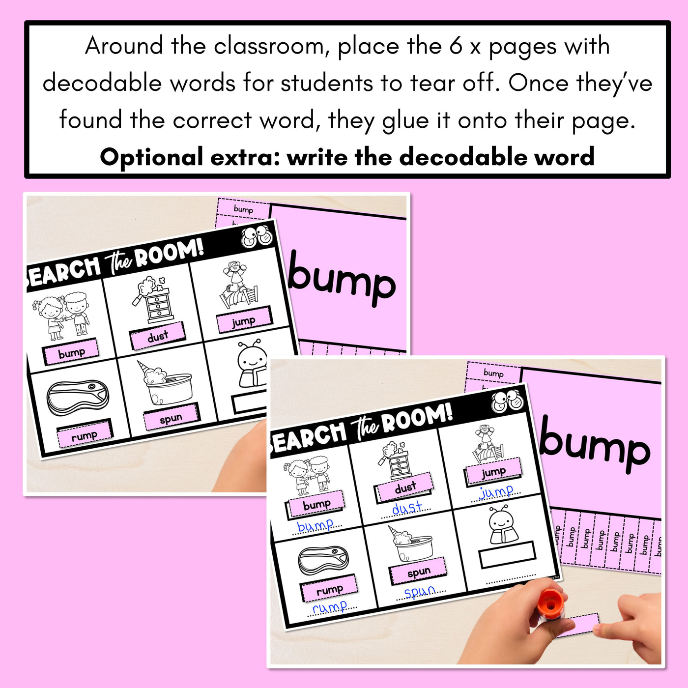 READ THE ROOM - Decodable Words Phonics Activity - CVCC CCVC Short U Words