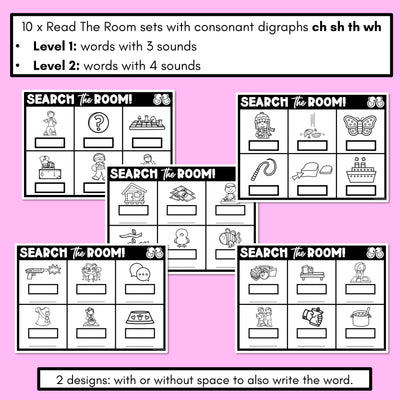 READ THE ROOM - Decodable Words Phonics Activity - Consonant Digraph CH TH SH WH