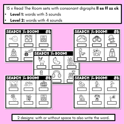 READ THE ROOM - Decodable Words Phonics Activity - Consonant Digraph LL SS CK FF ZZ