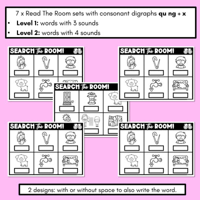 READ THE ROOM - Decodable Words Phonics Activity - Consonant Digraph NG QU and X