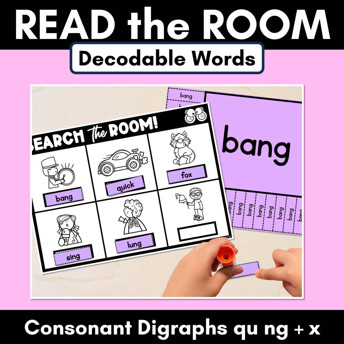 READ THE ROOM - Decodable Words Phonics Activity - Consonant Digraph NG QU and X