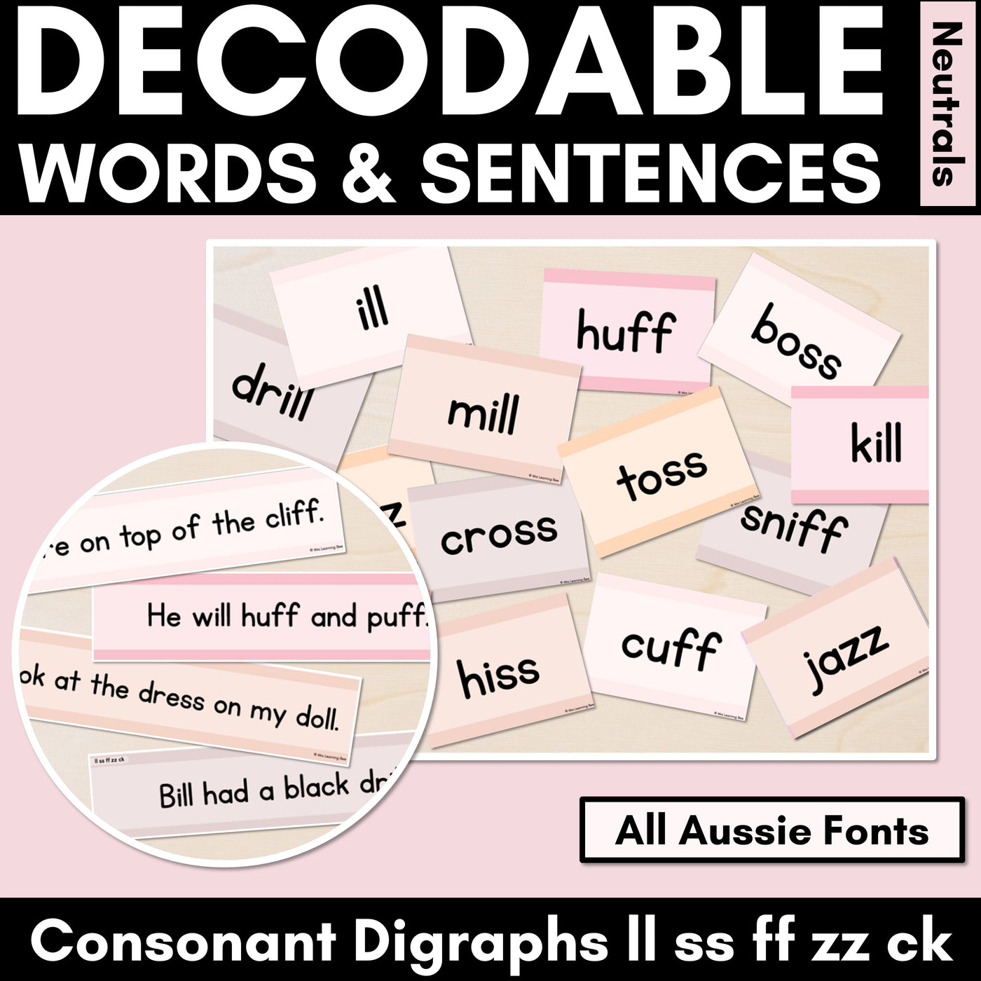 Neutral Consonant Digraphs LL SS FF ZZ CK Decodable Words and Sentence Cards