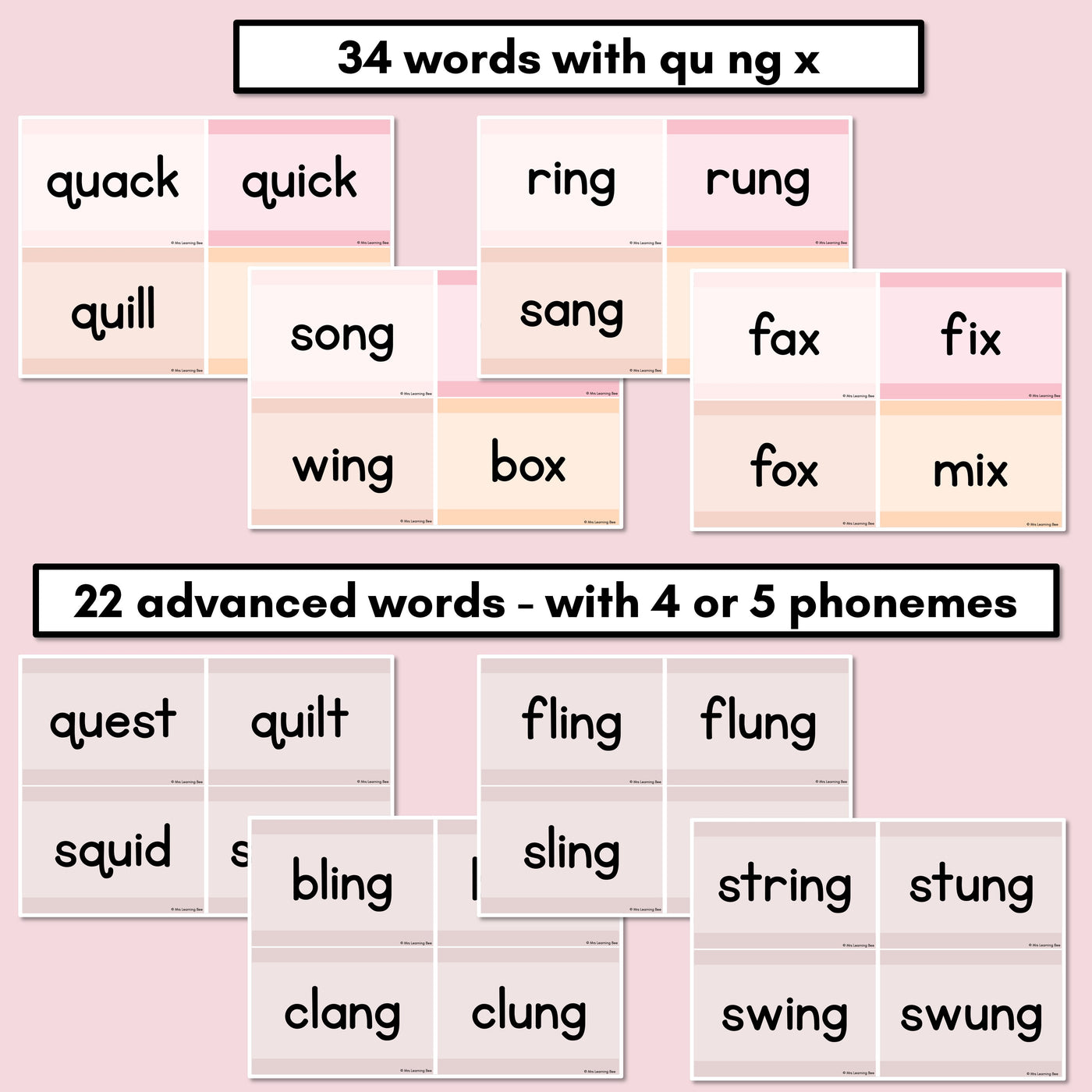 Neutral Consonant Digraphs QU NG + X Decodable Words and Sentence Cards