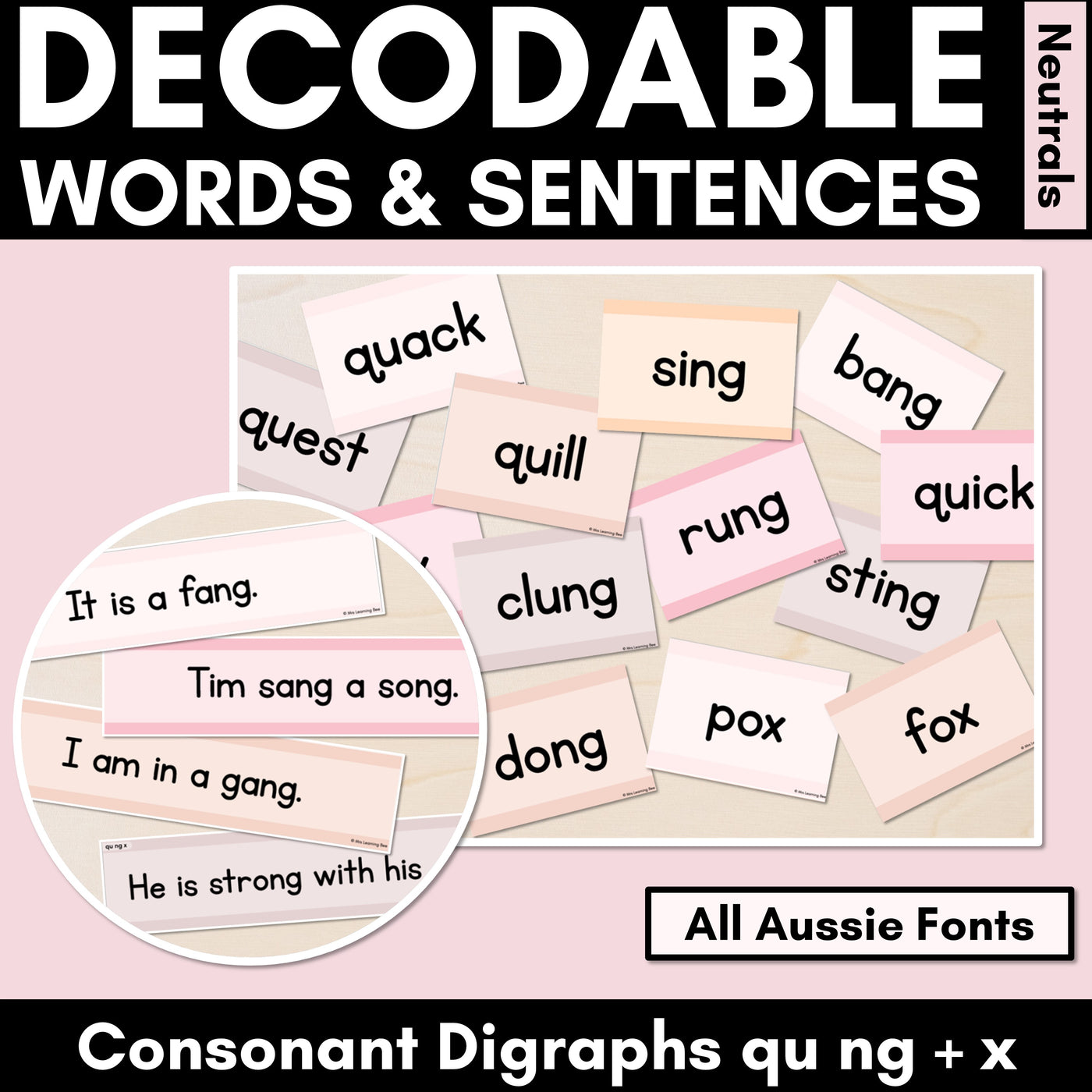 Neutral Consonant Digraphs QU NG + X Decodable Words and Sentence Cards