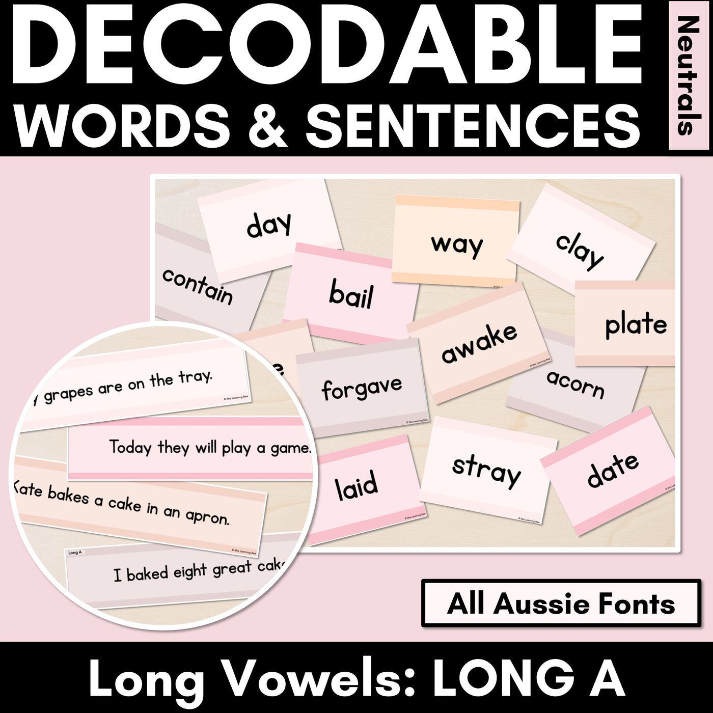 Neutral Long Vowel A Decodable Words and Sentence Cards