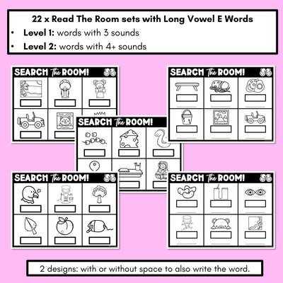 READ THE ROOM - Decodable Words Phonics Activity - Long Vowel E Words