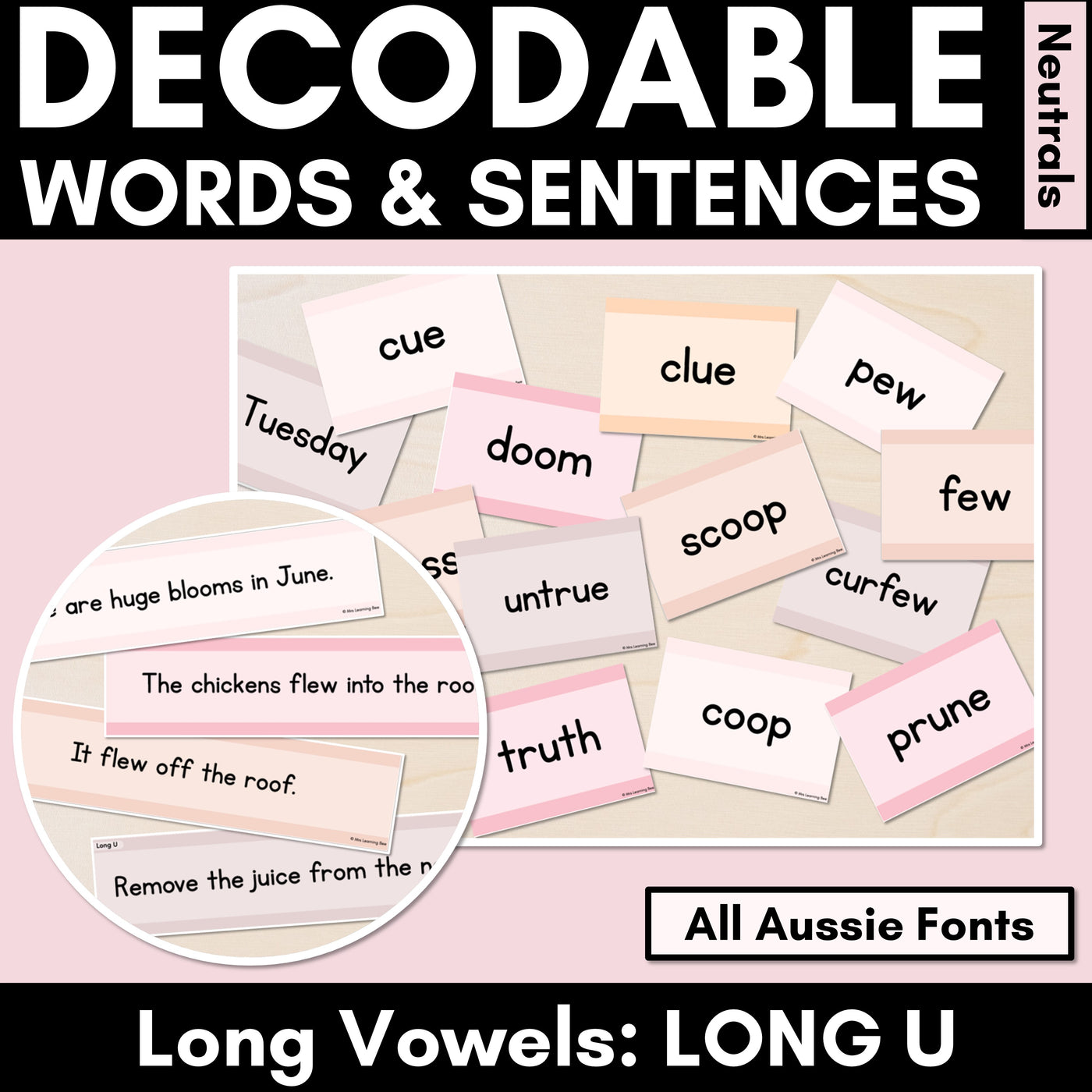 Neutral Long Vowel U Decodable Words and Sentence Cards