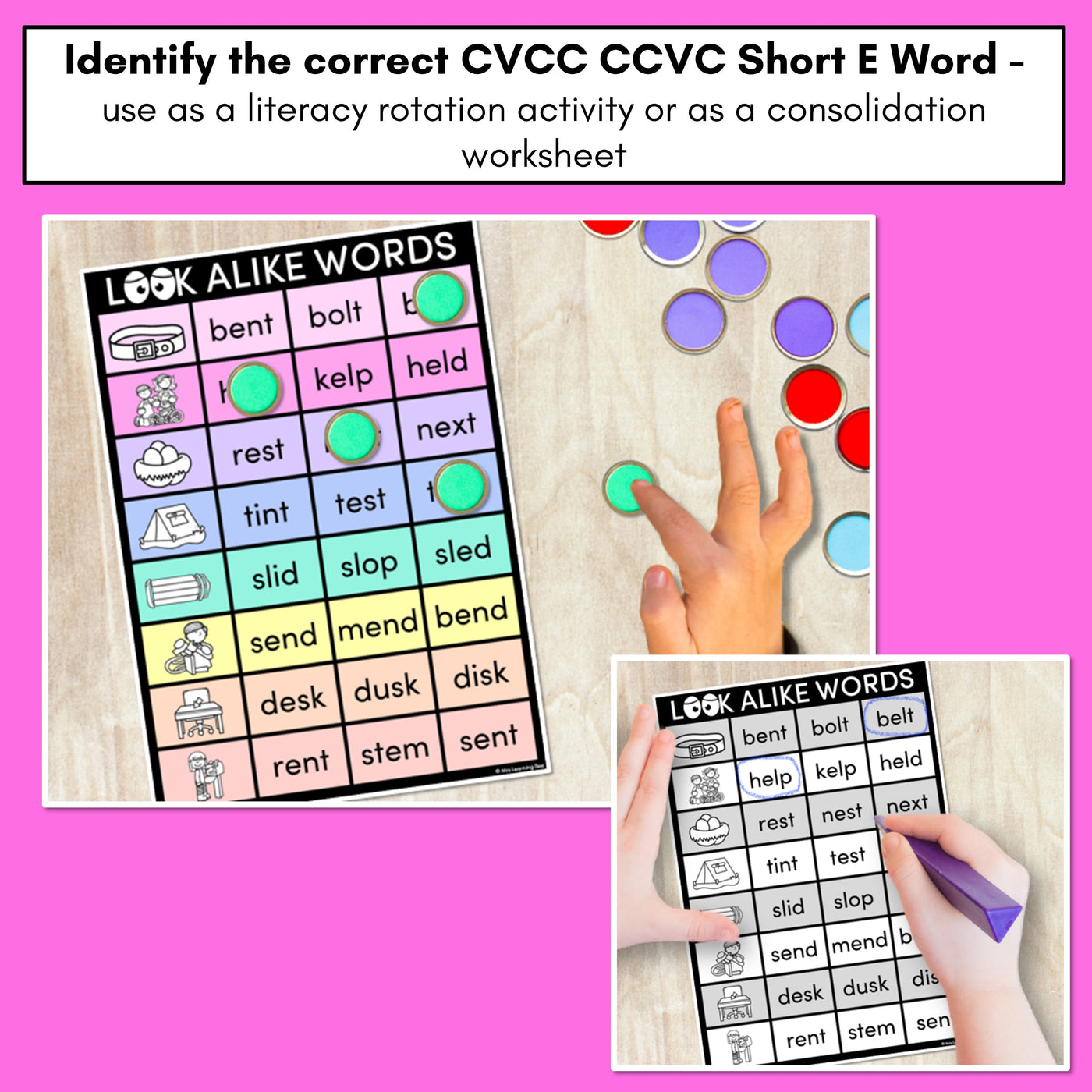 LOOKALIKE WORDS with CVCC CCVC Short E Words - Task Cards & Printables