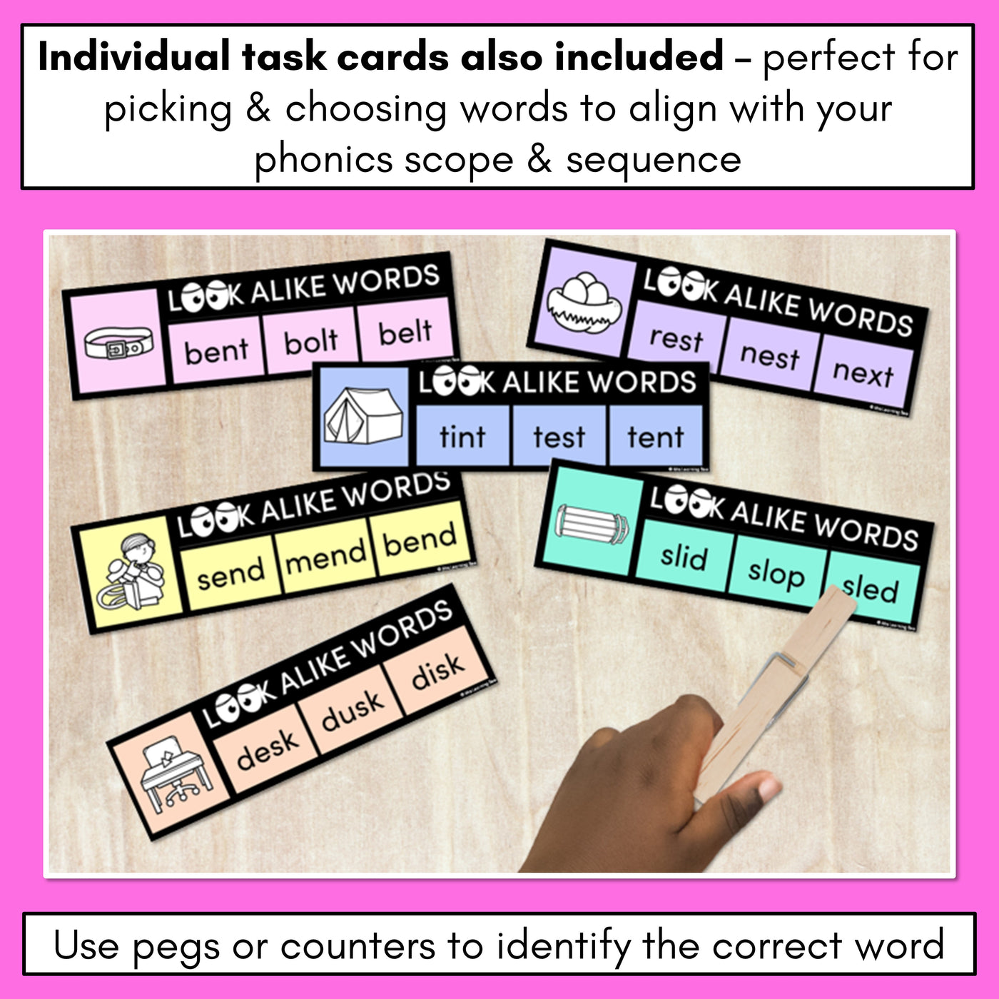 LOOKALIKE WORDS with CVCC CCVC Short E Words - Task Cards & Printables