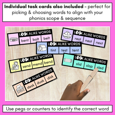 LOOKALIKE WORDS with CVCC CCVC Short E Words - Task Cards & Printables