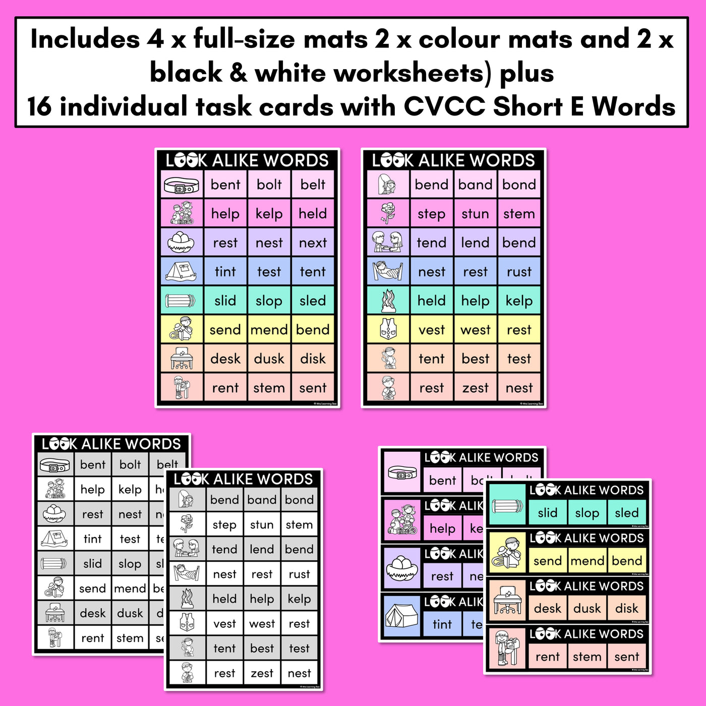 LOOKALIKE WORDS with CVCC CCVC Short E Words - Task Cards & Printables