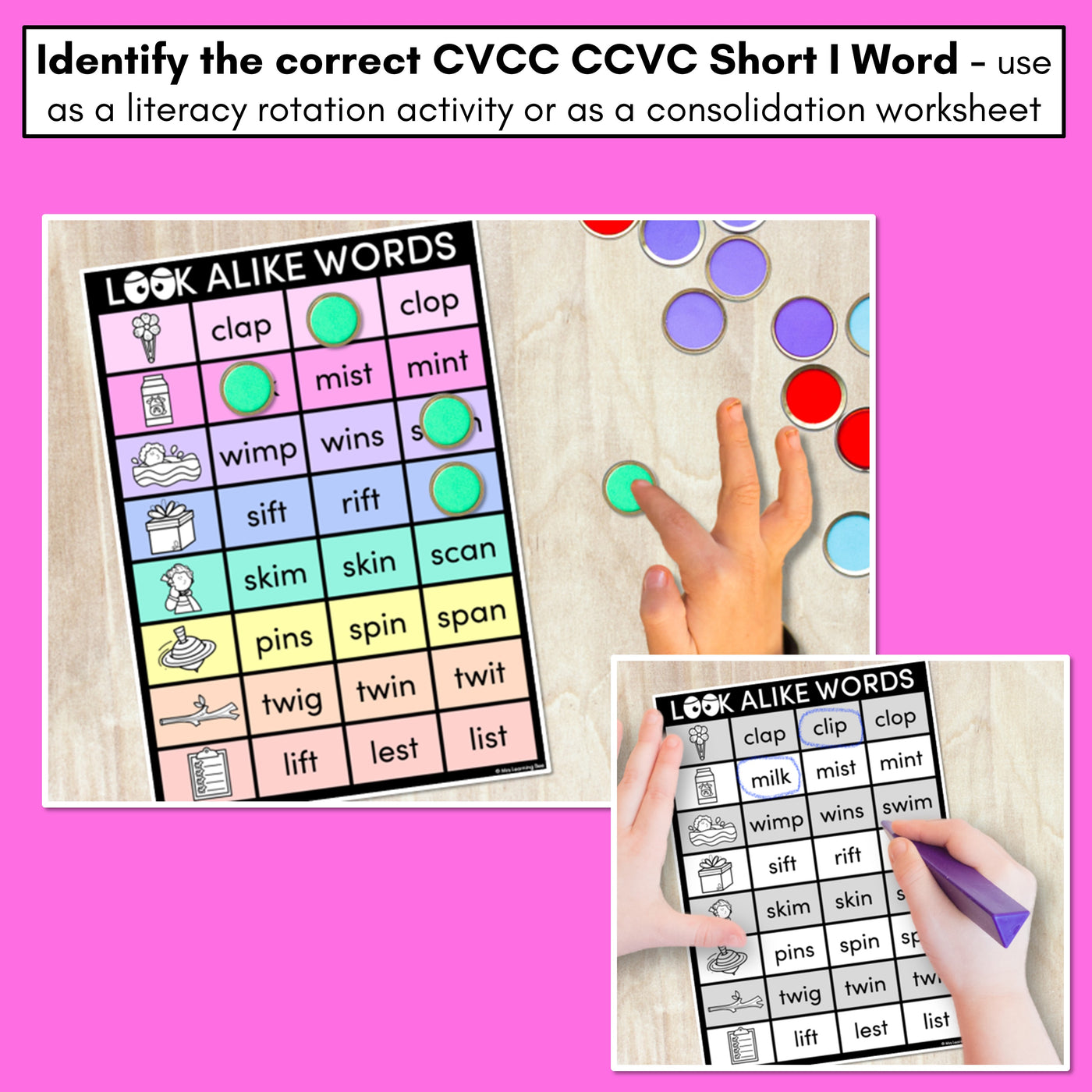 LOOKALIKE WORDS with CVCC CCVC Short I Words - Task Cards & Printables