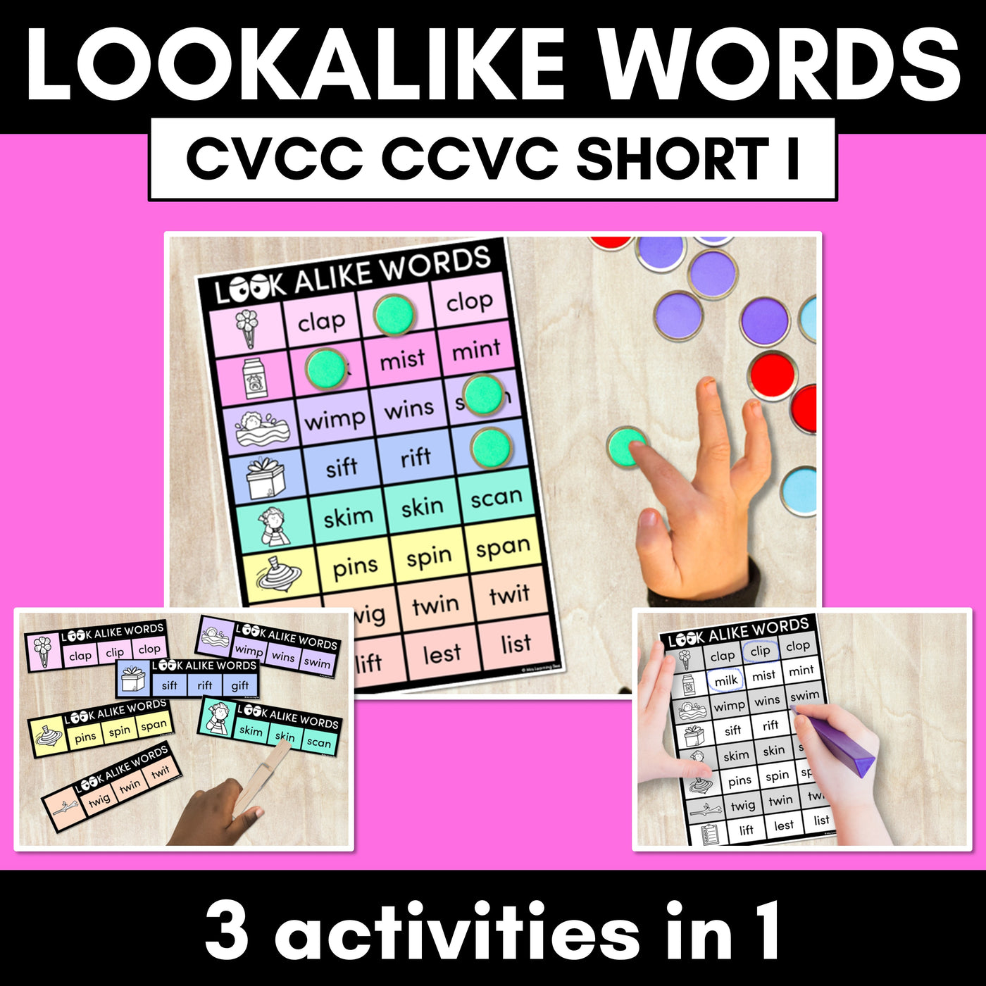 LOOKALIKE WORDS with CVCC CCVC Short I Words - Task Cards & Printables