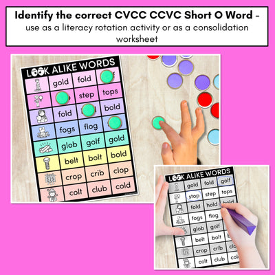 LOOKALIKE WORDS with CVCC CCVC Short O Words - Task Cards & Printables