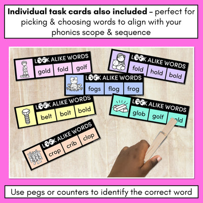 LOOKALIKE WORDS with CVCC CCVC Short O Words - Task Cards & Printables