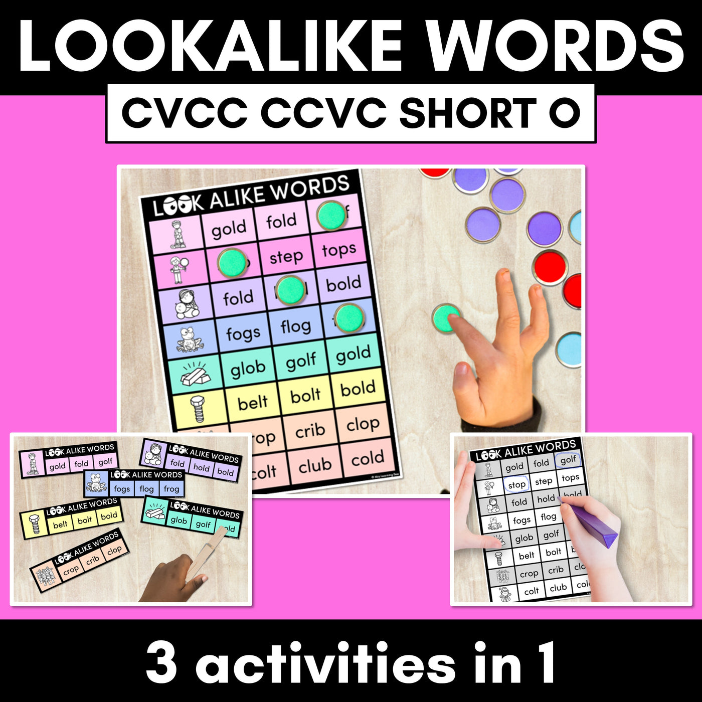 LOOKALIKE WORDS with CVCC CCVC Short O Words - Task Cards & Printables