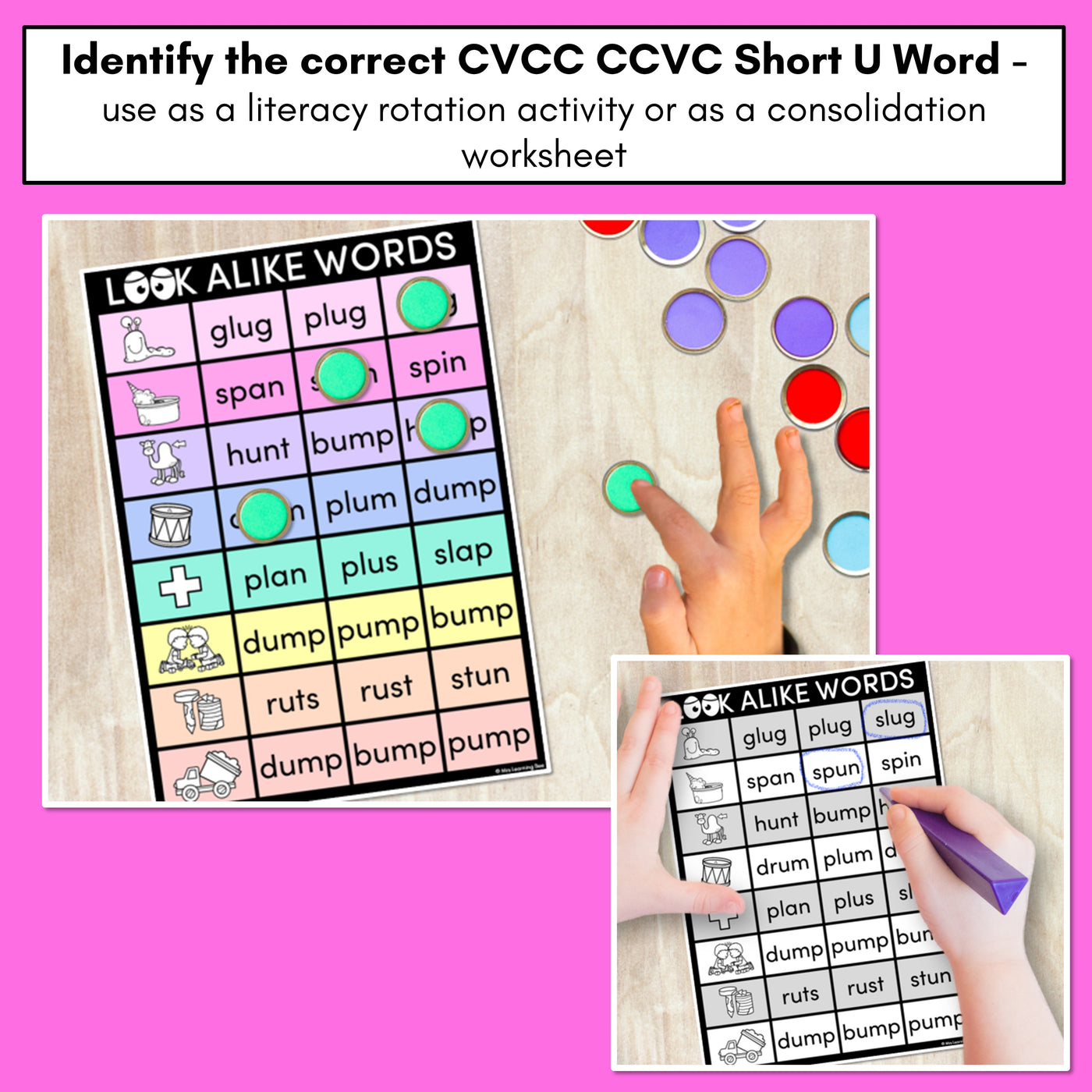 LOOKALIKE WORDS with CVCC CCVC Short U Words - Task Cards & Printables