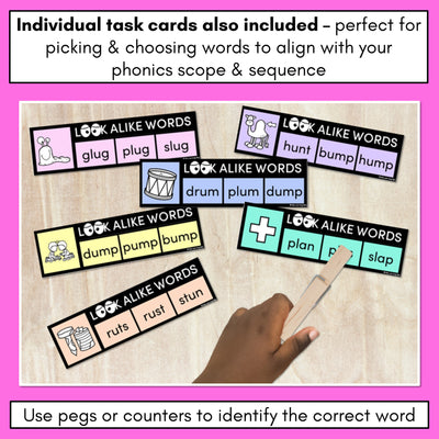 LOOKALIKE WORDS with CVCC CCVC Short U Words - Task Cards & Printables