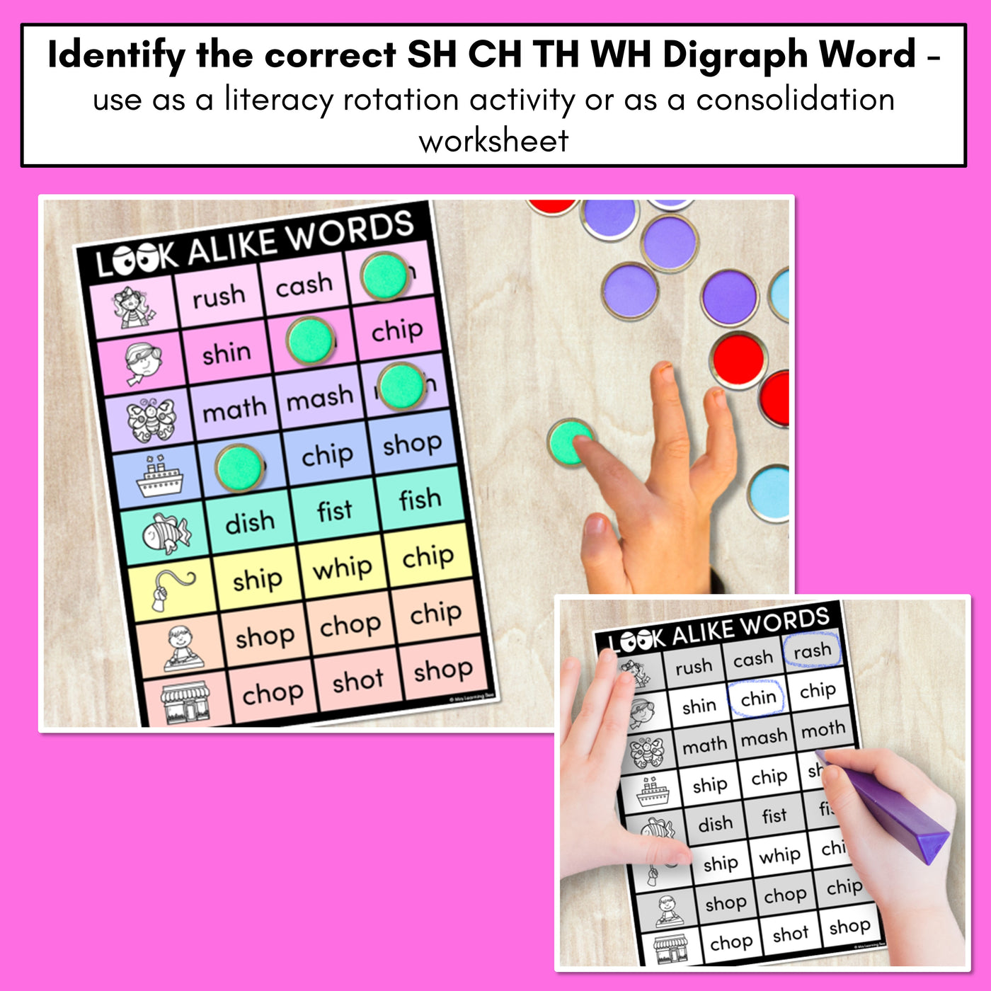 LOOKALIKE WORDS with Digraphs CH SH TH WH Words - Task Cards & Printables