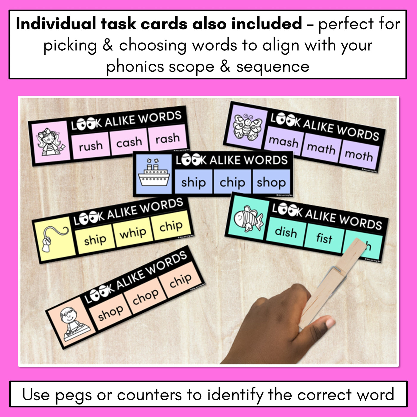 LOOKALIKE WORDS with Digraphs CH SH TH WH Words - Task Cards & Printables