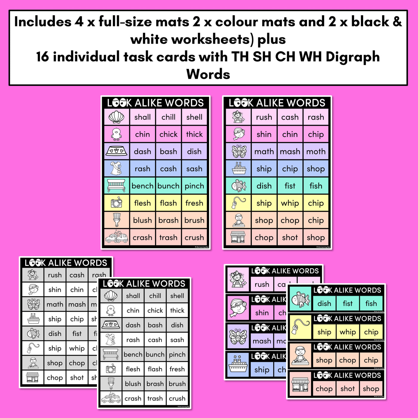 LOOKALIKE WORDS with Digraphs CH SH TH WH Words - Task Cards & Printables