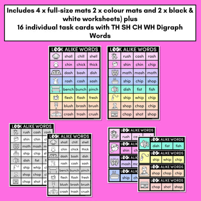 LOOKALIKE WORDS with Digraphs CH SH TH WH Words - Task Cards & Printables