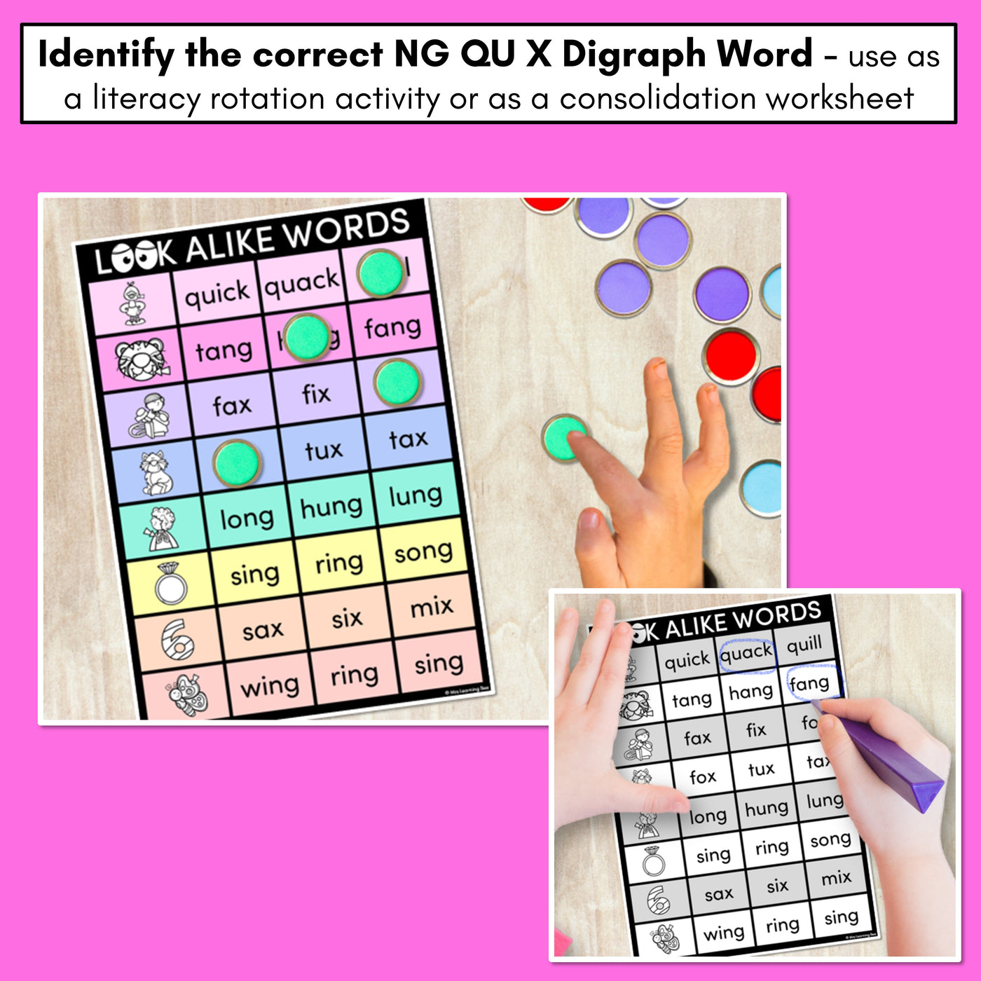 LOOKALIKE WORDS with Digraphs NG QU X Words - Task Cards & Printables