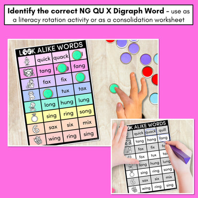 LOOKALIKE WORDS with Digraphs NG QU X Words - Task Cards & Printables