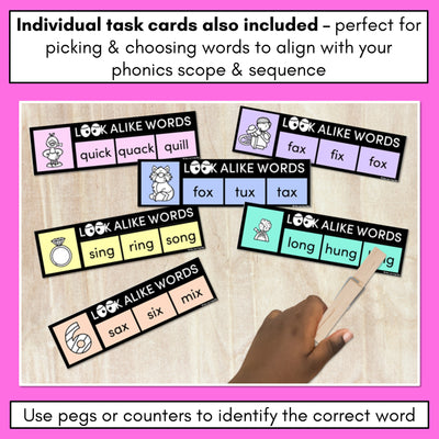 LOOKALIKE WORDS with Digraphs NG QU X Words - Task Cards & Printables