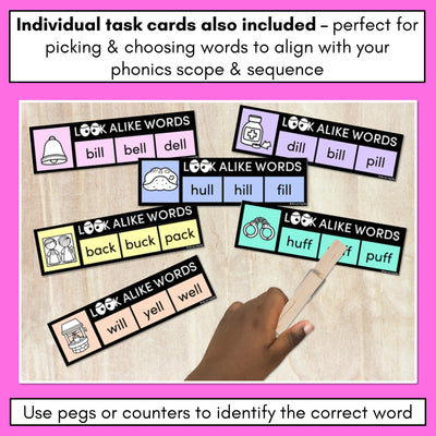 LOOKALIKE WORDS with Digraphs LL SS CK FF ZZ Words - Task Cards & Printables