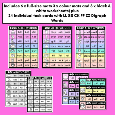 LOOKALIKE WORDS with Digraphs LL SS CK FF ZZ Words - Task Cards & Printables