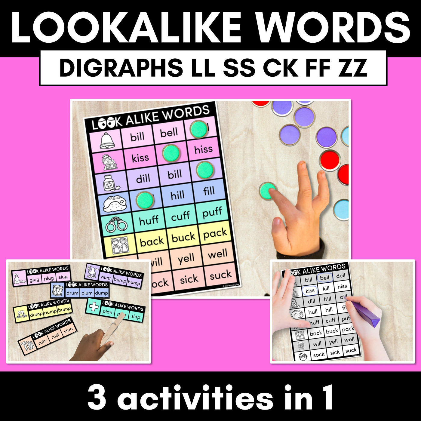 LOOKALIKE WORDS with Digraphs LL SS CK FF ZZ Words - Task Cards & Printables