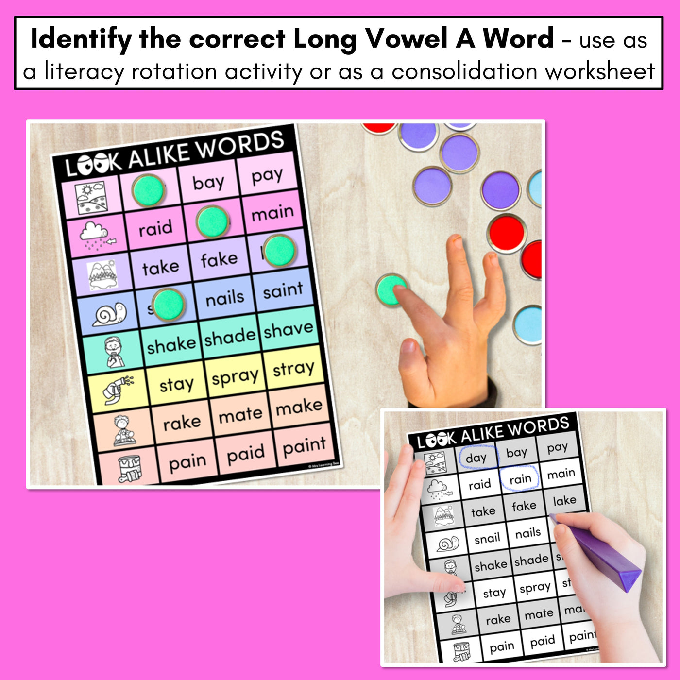 LOOKALIKE WORDS with LONG A Words - LONG VOWEL A Words - Task Cards & Printables