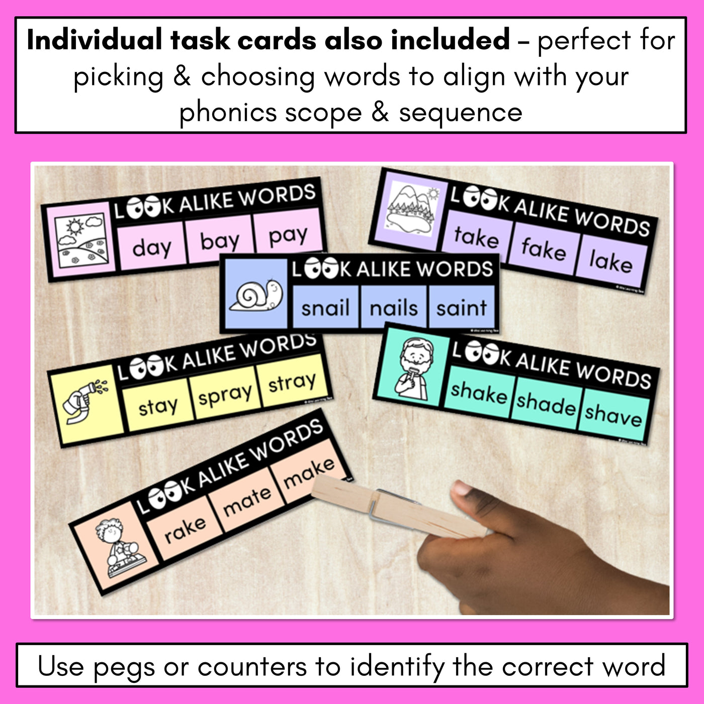 LOOKALIKE WORDS with LONG A Words - LONG VOWEL A Words - Task Cards & Printables