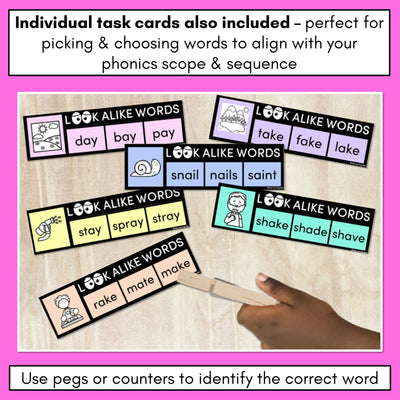 LOOKALIKE WORDS with LONG A Words - LONG VOWEL A Words - Task Cards & Printables