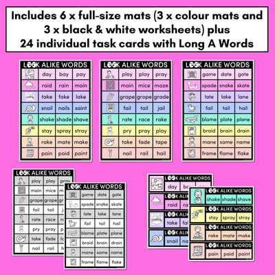 LOOKALIKE WORDS with LONG A Words - LONG VOWEL A Words - Task Cards & Printables