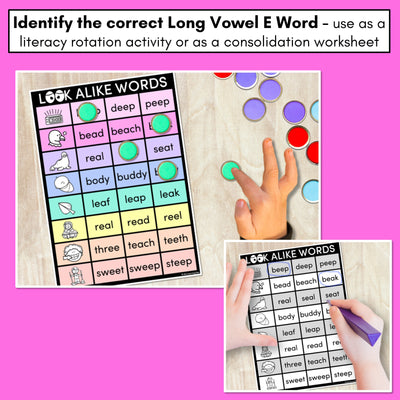 LOOKALIKE WORDS with LONG E Words - LONG VOWEL E Words - Task Cards & Printables