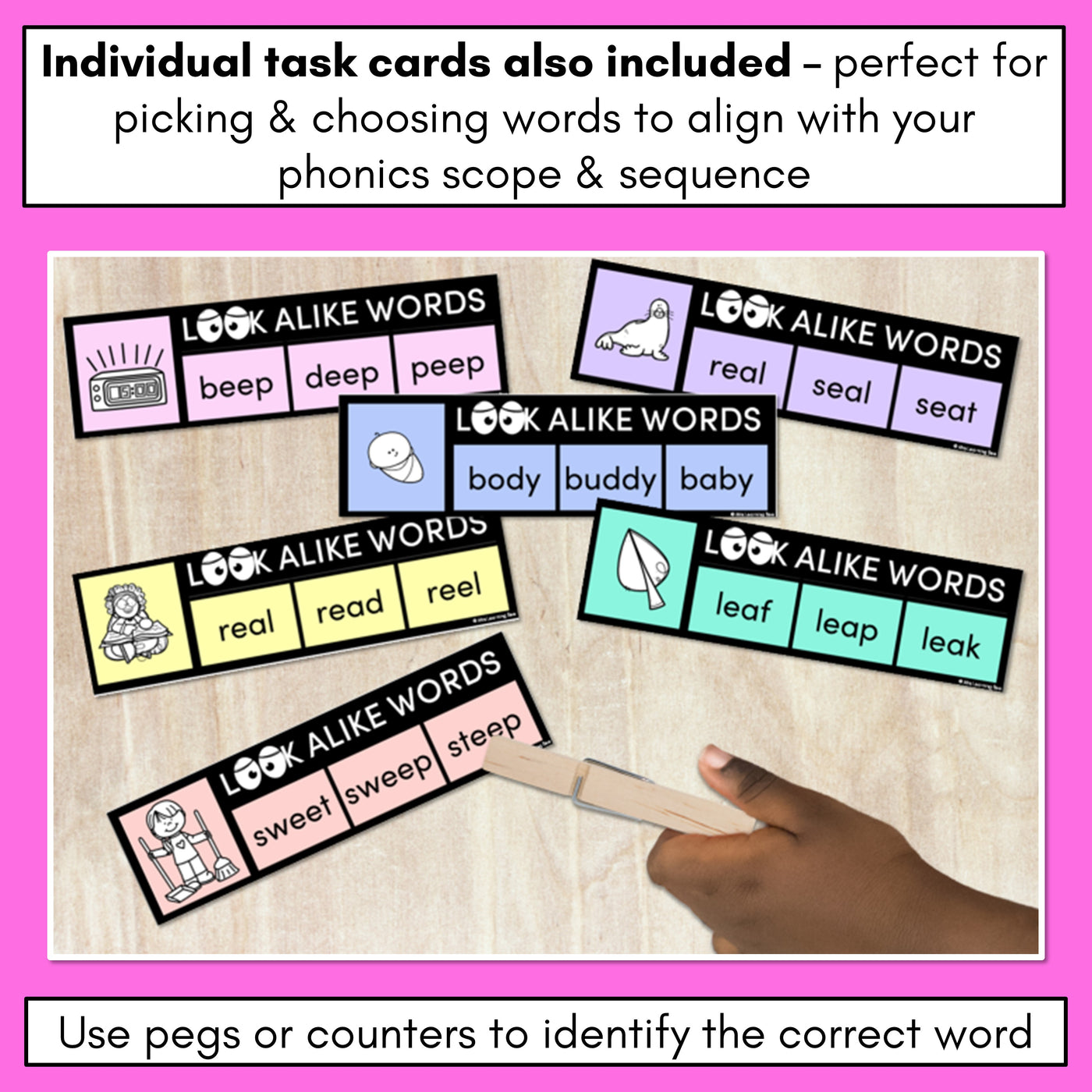 LOOKALIKE WORDS with LONG E Words - LONG VOWEL E Words - Task Cards & Printables