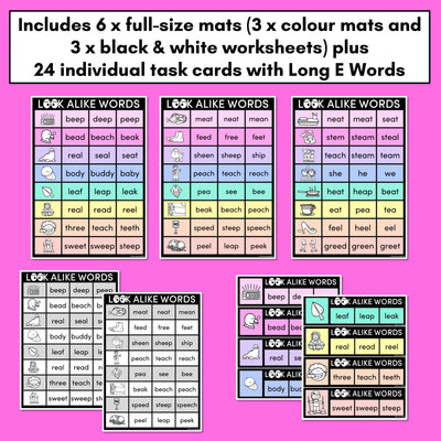 LOOKALIKE WORDS with LONG E Words - LONG VOWEL E Words - Task Cards & Printables