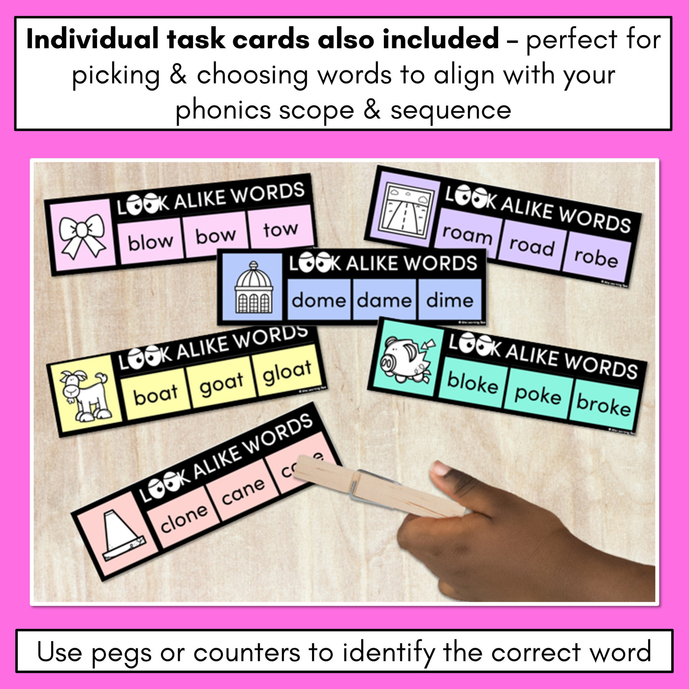 LOOKALIKE WORDS with LONG O Words - LONG VOWEL O Words - Task Cards & Printables