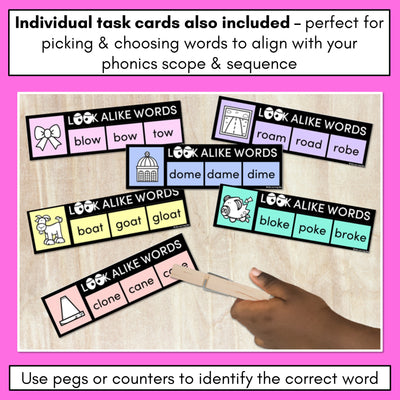 LOOKALIKE WORDS with LONG O Words - LONG VOWEL O Words - Task Cards & Printables