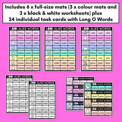 LOOKALIKE WORDS with LONG O Words - LONG VOWEL O Words - Task Cards & Printables