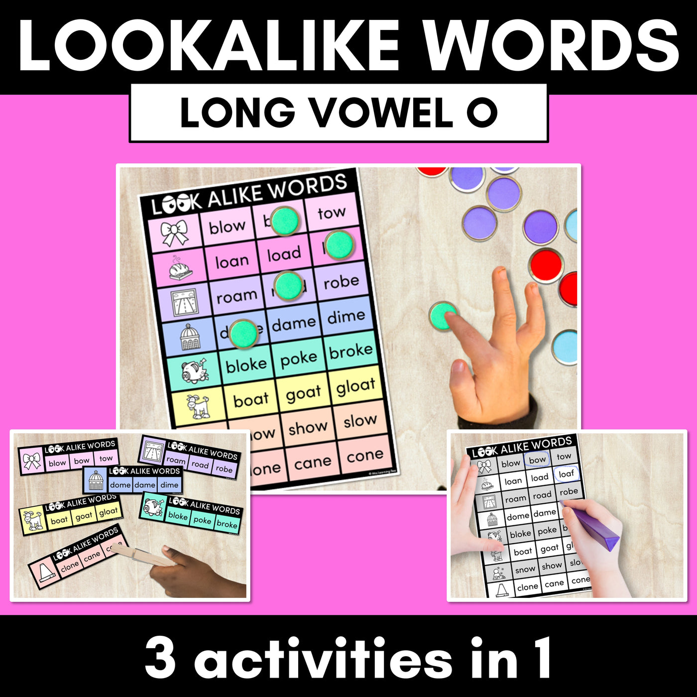 LOOKALIKE WORDS with LONG O Words - LONG VOWEL O Words - Task Cards & Printables