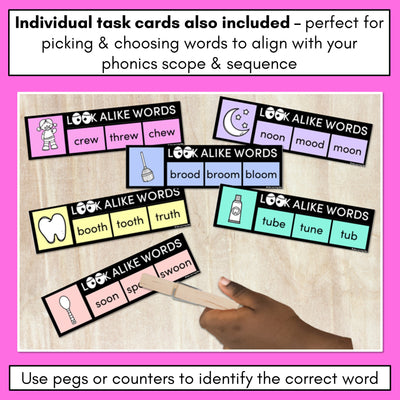 LOOKALIKE WORDS with LONG U Words - LONG VOWEL U Words - Task Cards & Printables