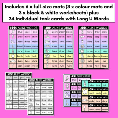 LOOKALIKE WORDS with LONG U Words - LONG VOWEL U Words - Task Cards & Printables